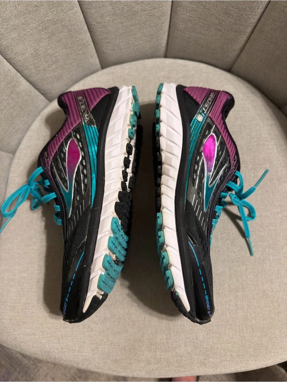 Women’s Brooks Ghost 9 Black Running Shoes with Teal Laces and Purple Accents